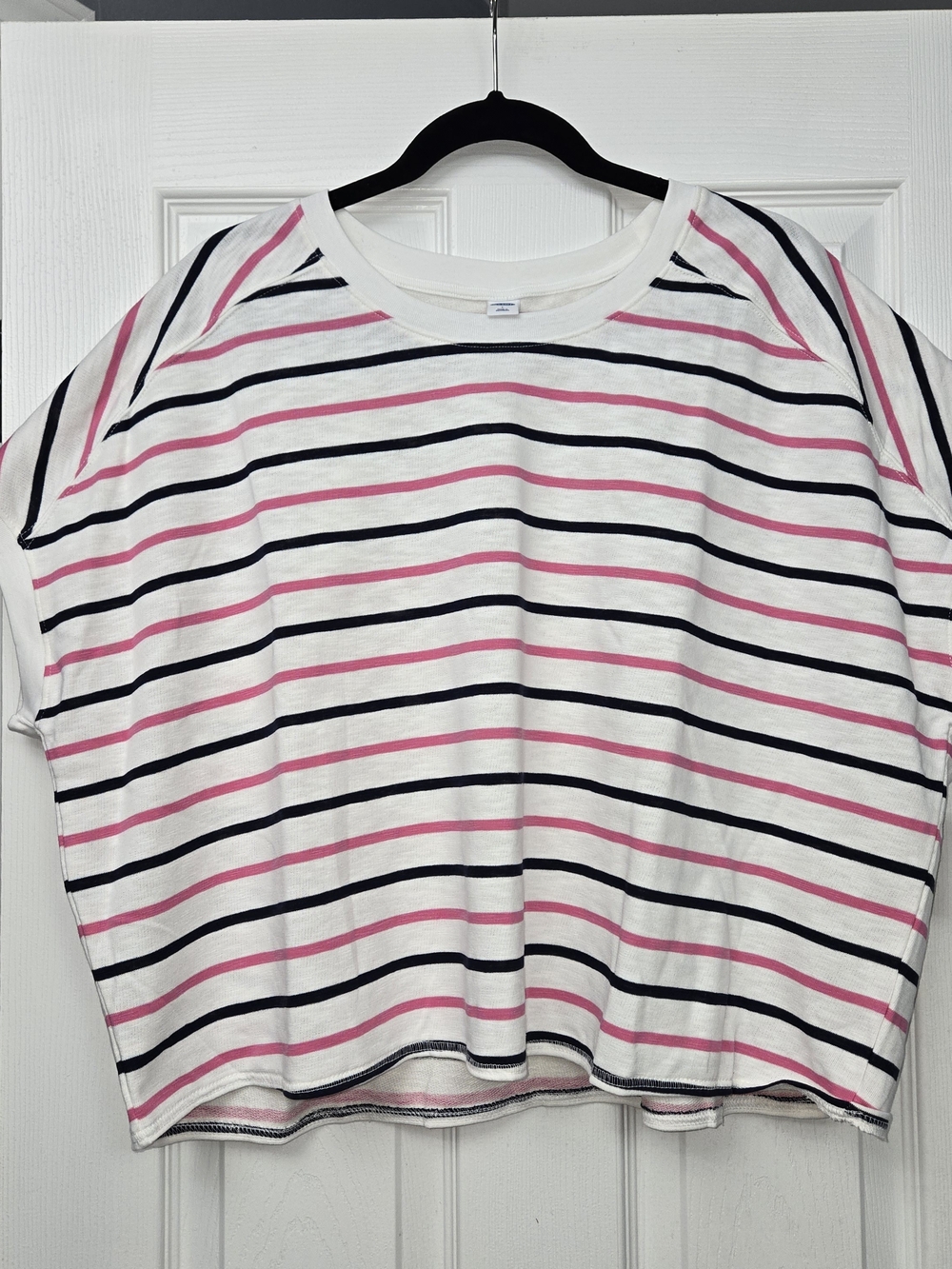 NWT Old Navy Womens Large Striped Boxy Short Sleeve Sweatshirt Top Pink Navy Whi